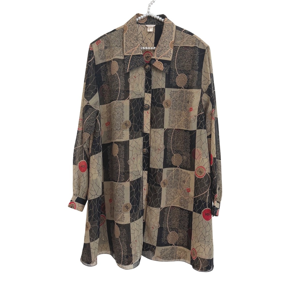 Clara S Vintage Boho Sheer Patchwork Rope Print Tunic Blouse Metallic Gold Brown